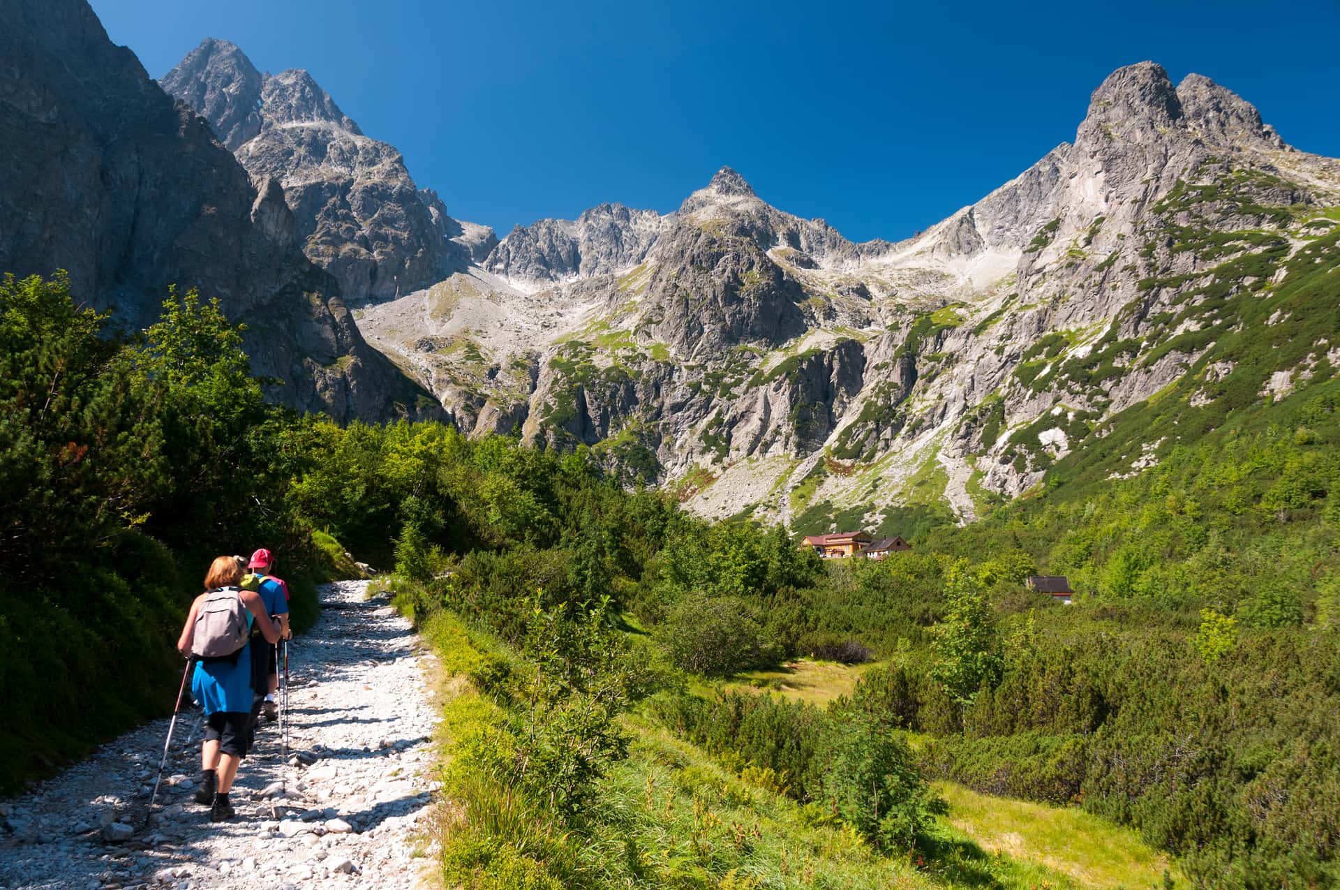 Hikers with trekking poles walk on a rocky path toward steep mountains under a clear blue sky in Slovakia.