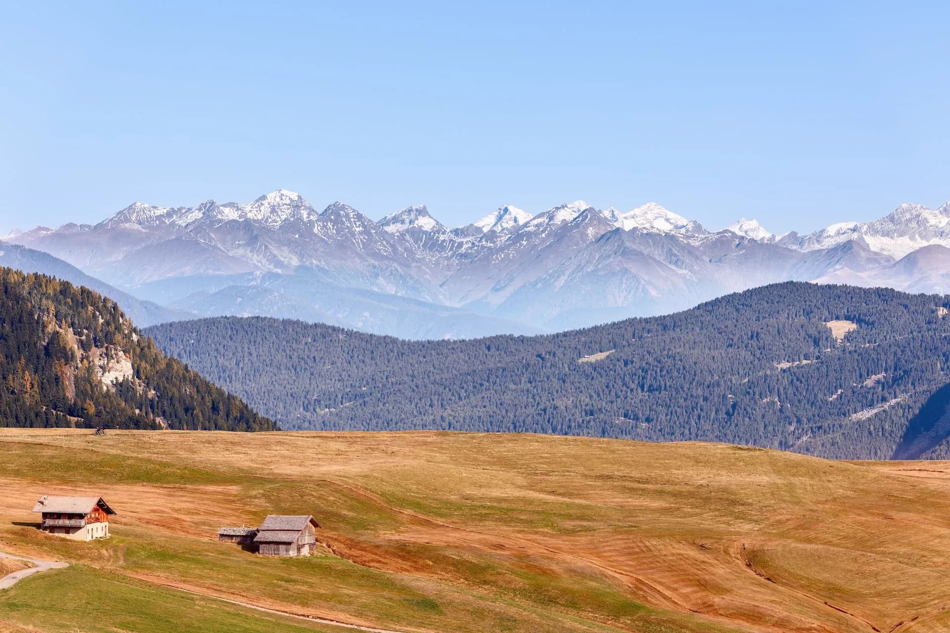 Alpine meadow with wooden huts, rolling hills, and snow-capped mountains under a clear blue sky.