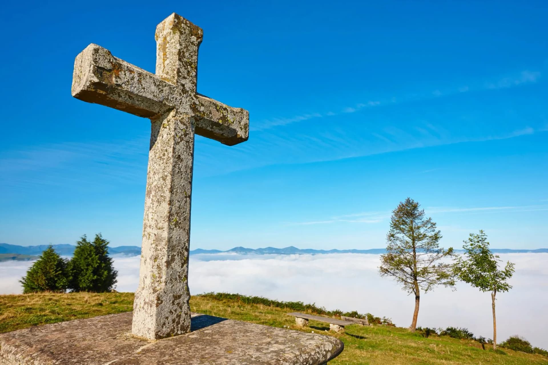 Antique stone cross sanctuary in Asturias, Spain. El Acebo