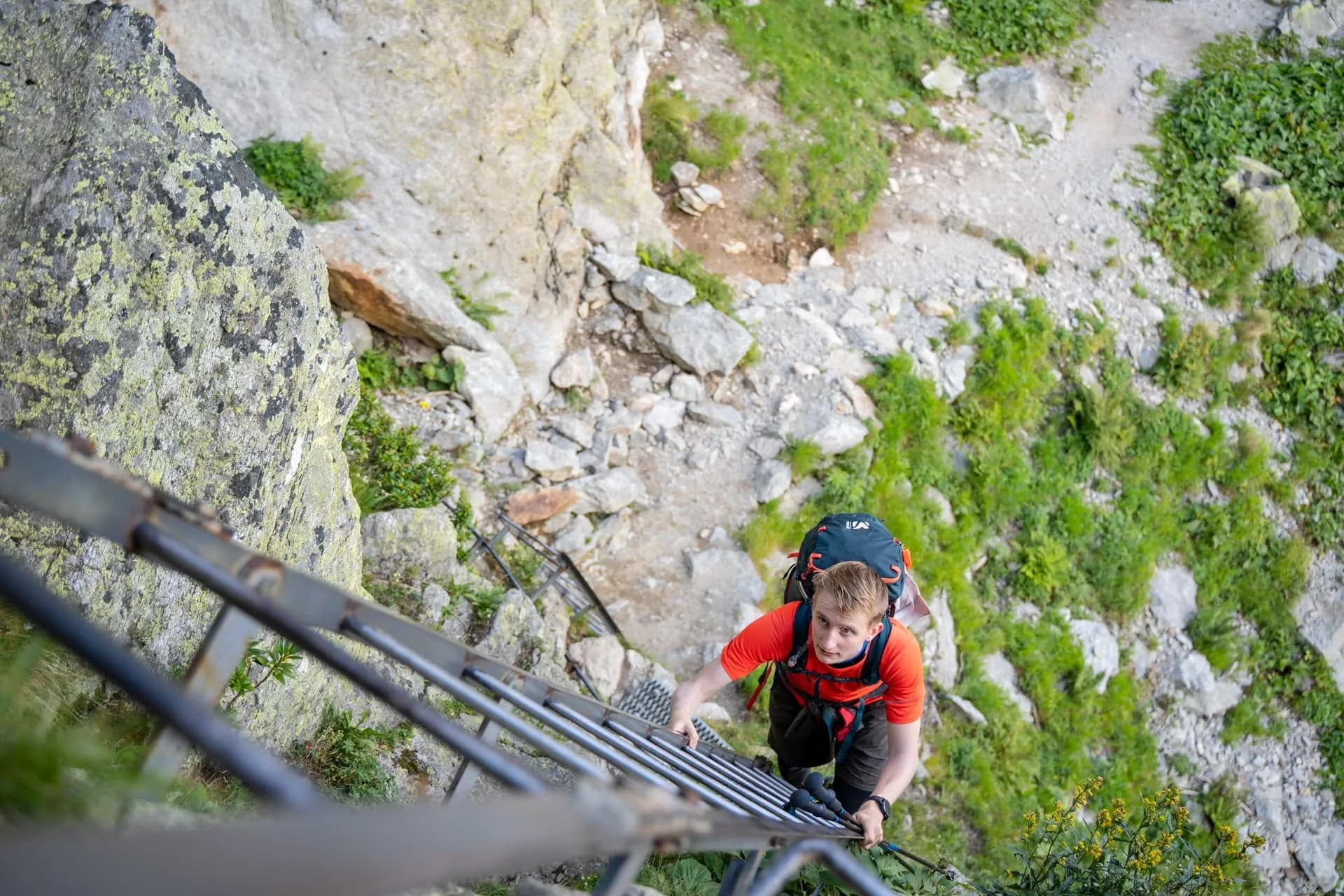 Hiker ascending metal ladder on steep rocky mountain trail with lush green vegetation