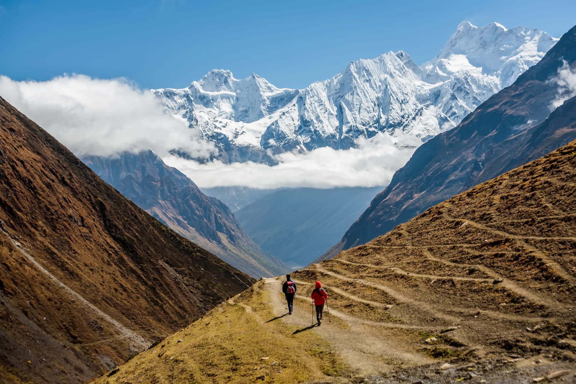 Hikers trekking on dirt path between steep slopes toward snow-capped Manaslu mountains.