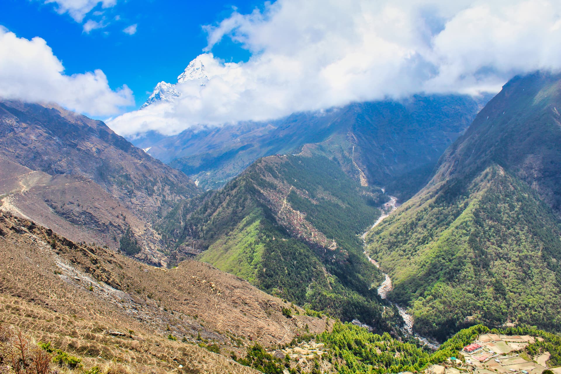 Mountain landscape in Phortse Thanga with snow-capped peaks, green slopes, and a valley river.