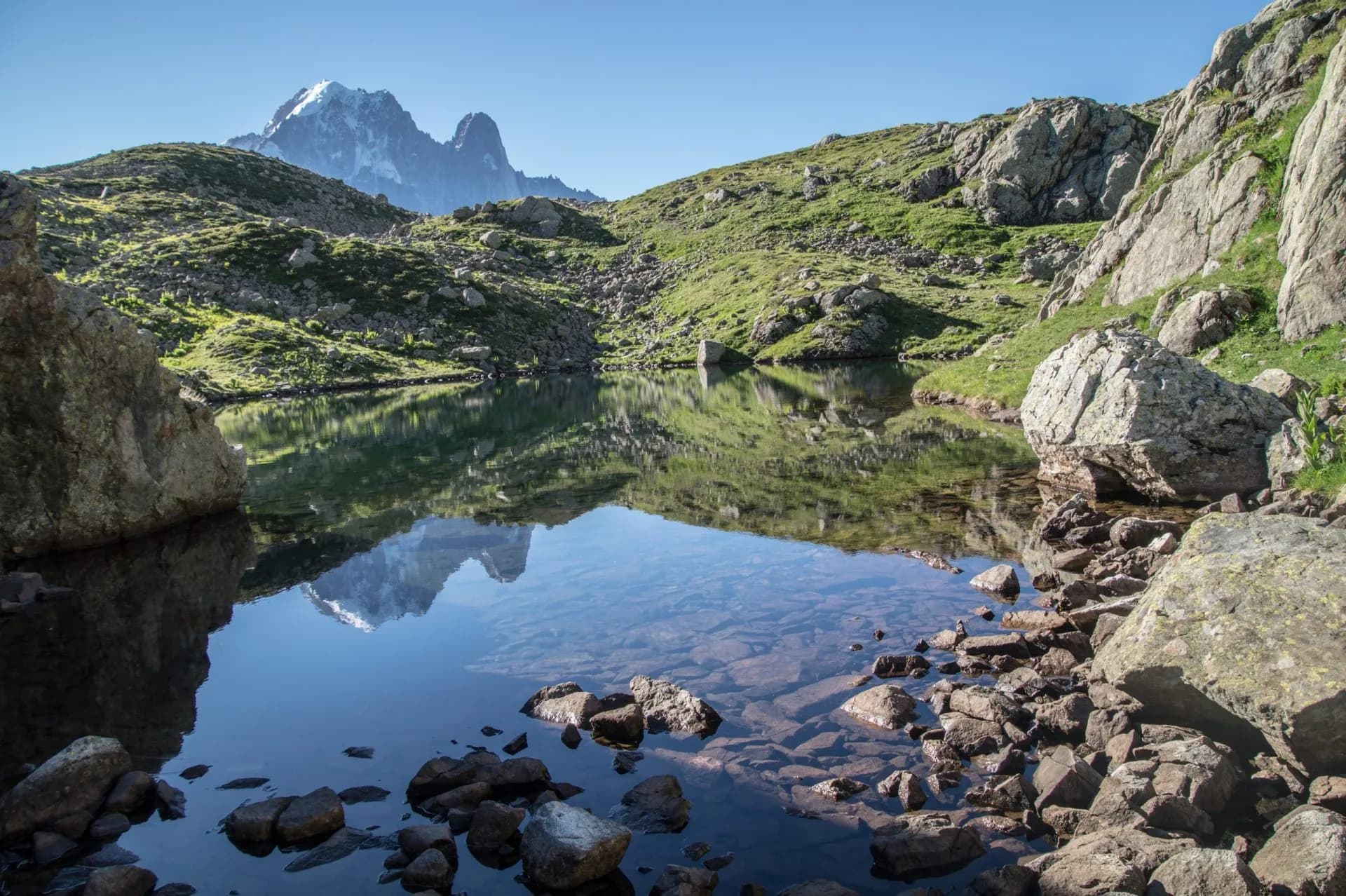Alpine lake reflecting snow-capped mountains, surrounded by green, rocky hillsides under a clear blue sky.