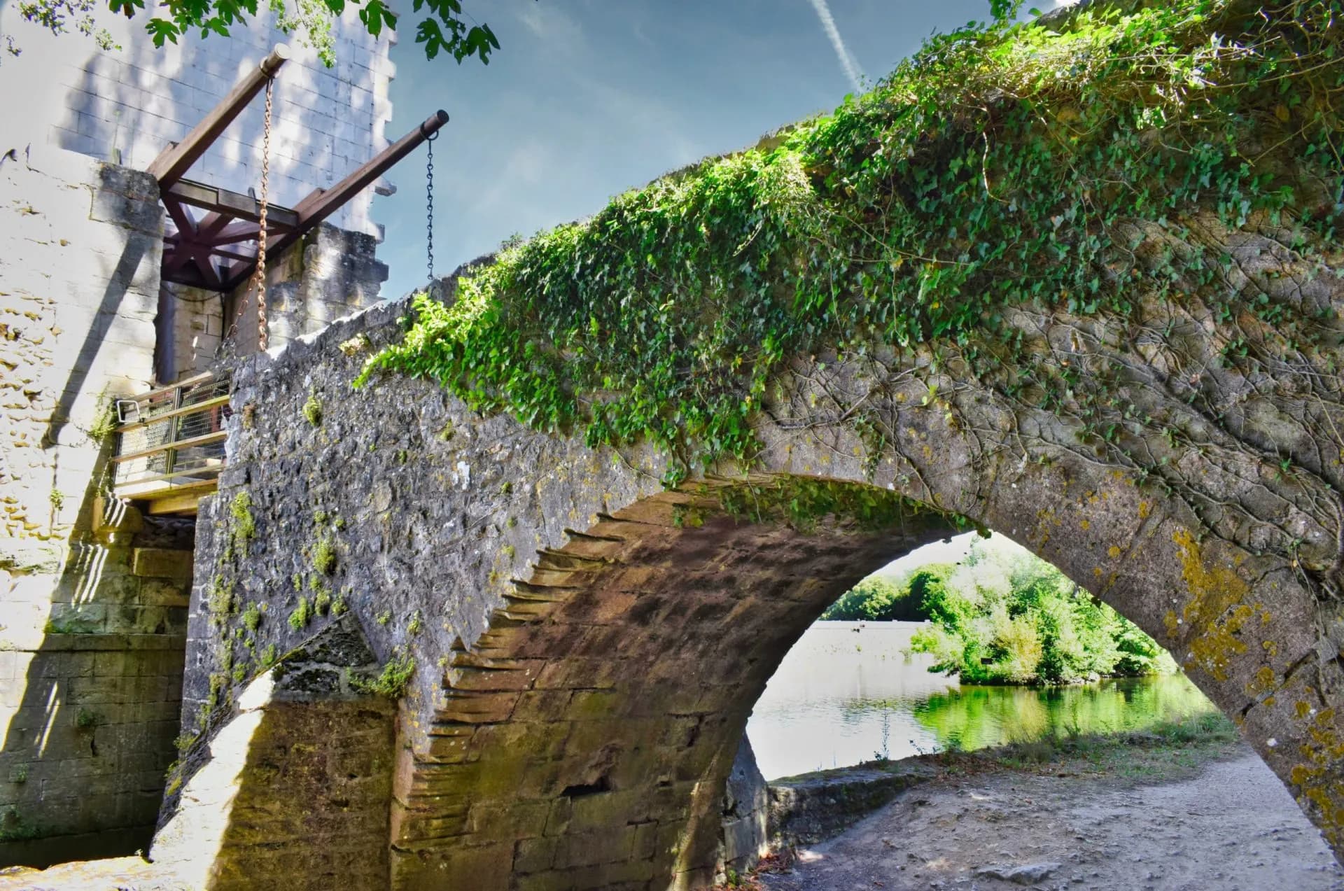 Stone bridge arch covered in ivy, showing a drawbridge mechanism and river view, Chenonceaux.