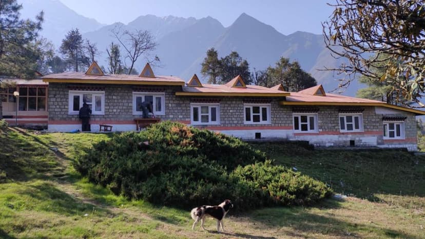 Stone resort building in Lukla with dog on grassy slope and snowy mountains.