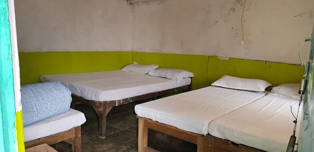 Basic hotel room with three wooden beds, white linens, and a bright green accent wall.
