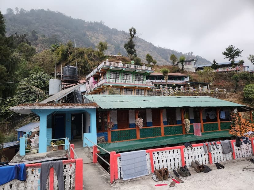 Jhinu Guest House buildings on a steep, forested hillside under a cloudy sky.