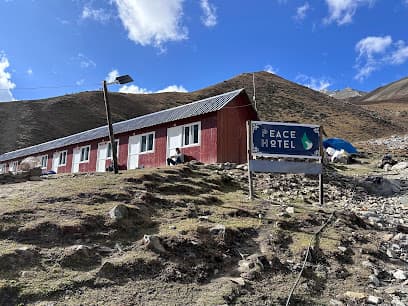 Peace Hotel building on grassy hillside beneath large mountains under blue sky in Dharmasala.