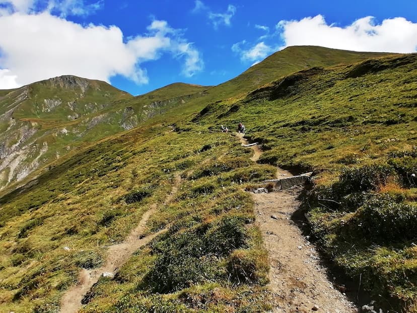 Hikers ascending a steep, grassy mountain trail under a bright blue, cloudy sky.