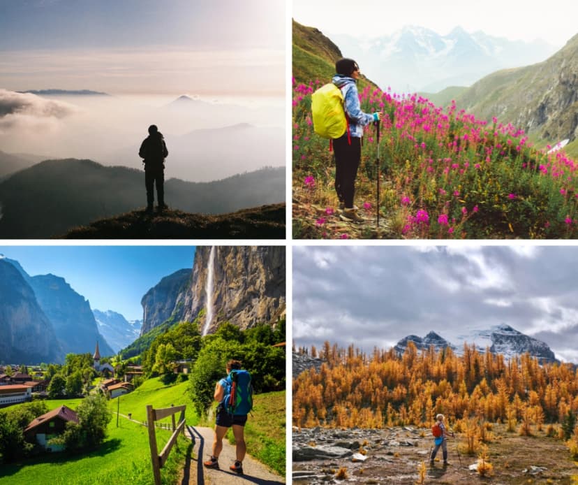 Collage of four hikers enjoying mountain scenery in different seasons.