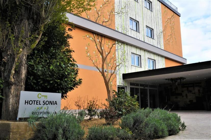 Hotel Sonia sign and entrance with orange facade painted with blooming trees