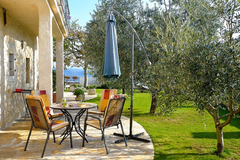 Patio with stone wall, table, chairs, and umbrella next to olive trees overlooking water.
