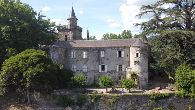 Stone château with conical tower surrounded by dense green trees under a partly cloudy sky.