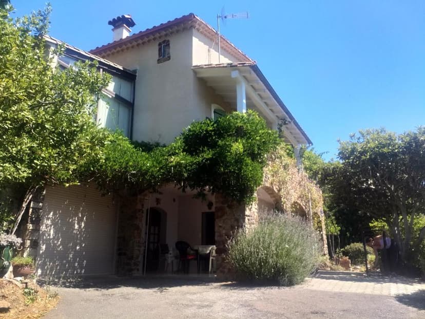 Stone and stucco house with lush green vines and trees under a clear blue sky.