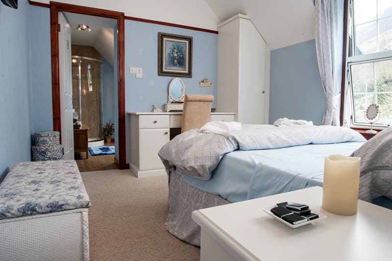 Bedroom in Edencoille Bed & Breakfast with blue walls, white furniture, and view of shower room.