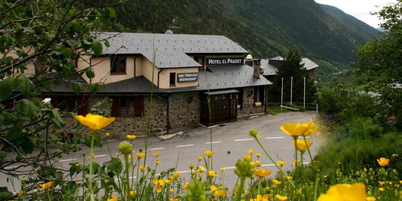 Hotel El Pradet with stone facade set against steep, forested mountainsides, foregrounded by yellow wildflowers.
