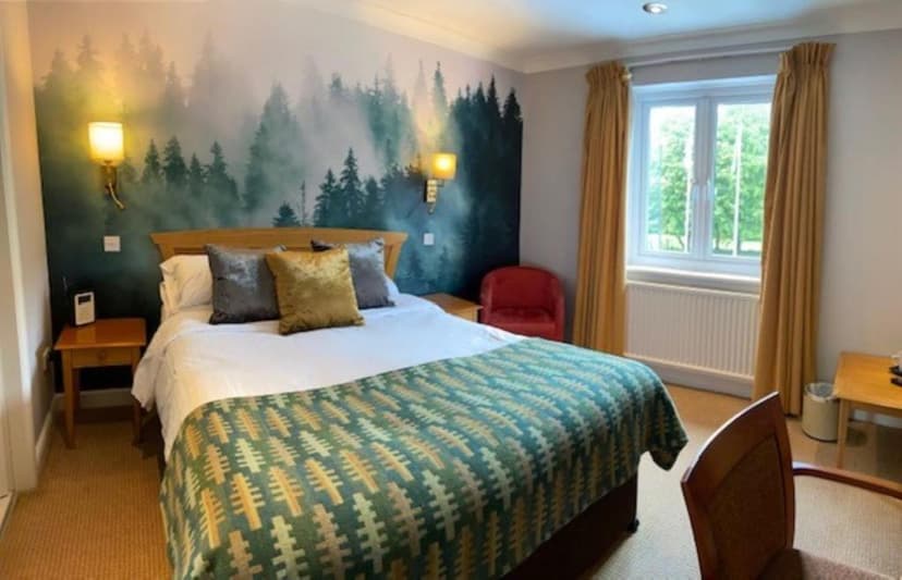 Bedroom with forest mural accent wall, wood headboard, and patterned green blanket