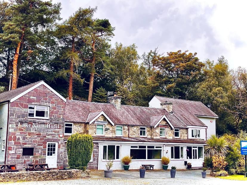 Lake View Hotel building with stone facade set against dense forest under a cloudy sky.