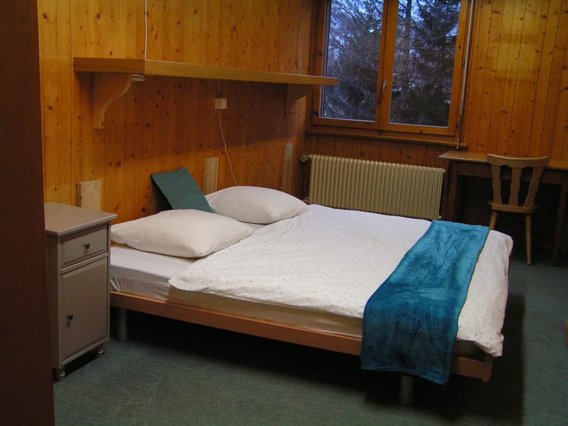Cozy wooden cabin bedroom with single bed, blue blanket, and view of winter trees outside.