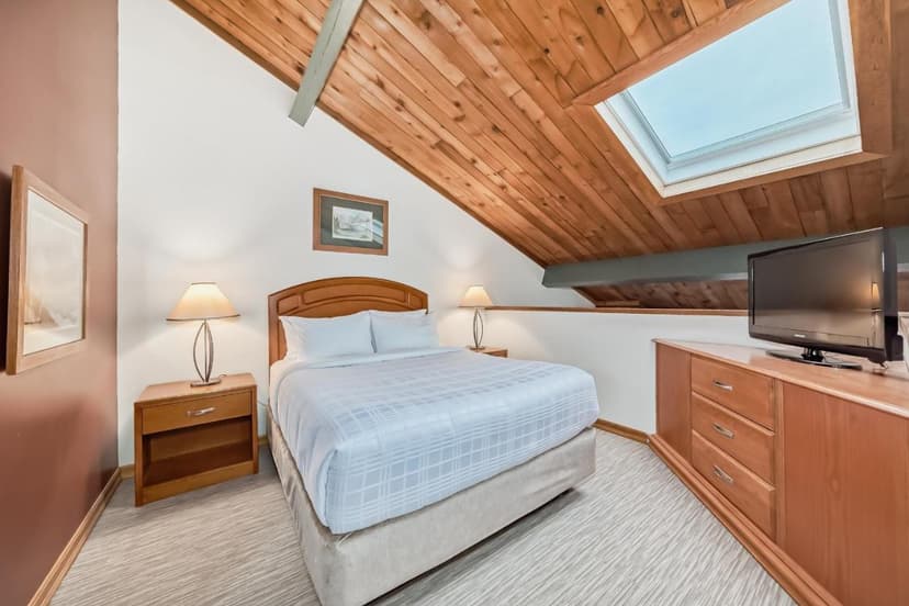Bedroom with wooden sloped ceiling, skylight, queen bed, and television on dresser.