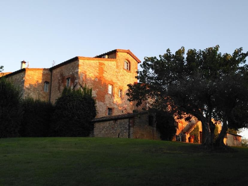 Stone building illuminated by sunset, seen from a grassy hill with a large tree.