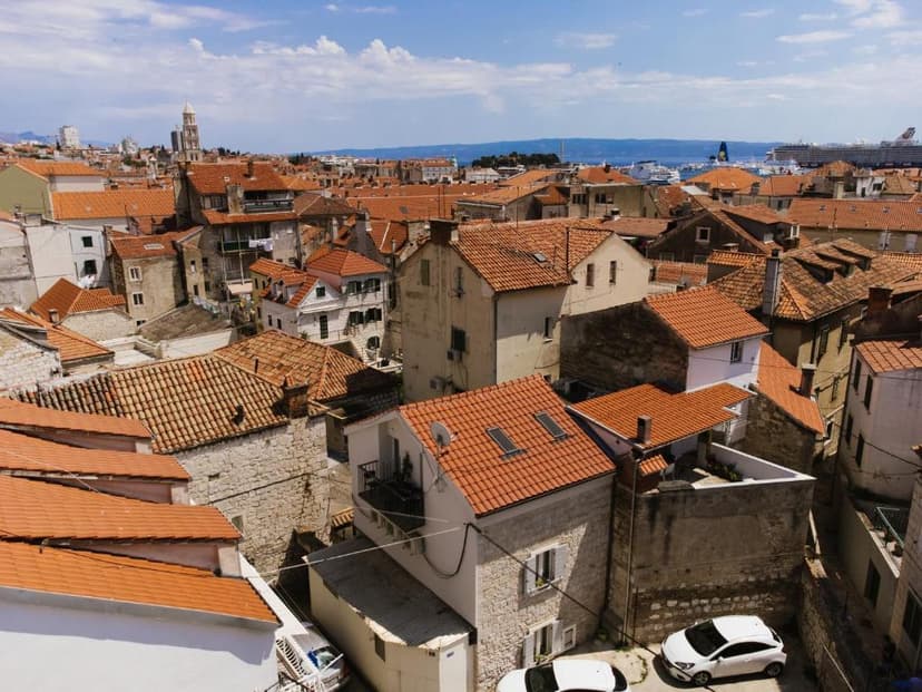 Rooftops with terracotta tiles in a dense coastal city with cruise ships visible in the distance.