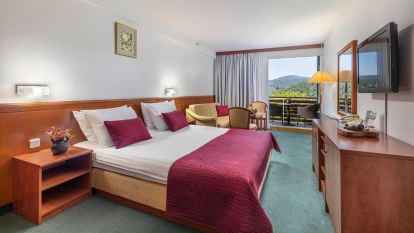 Hotel room with bed, balcony view of green mountains, and wooden furniture