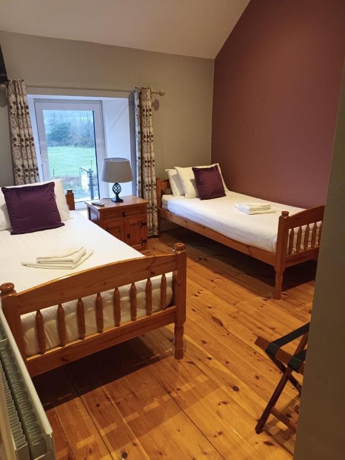 Twin bedroom with wooden beds, pine floors, and a window view of green fields in Annascaul House.