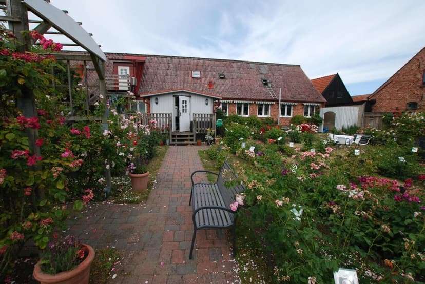 Rose garden pathway leading to buildings at Hotell Turistgården in Simrishamn.