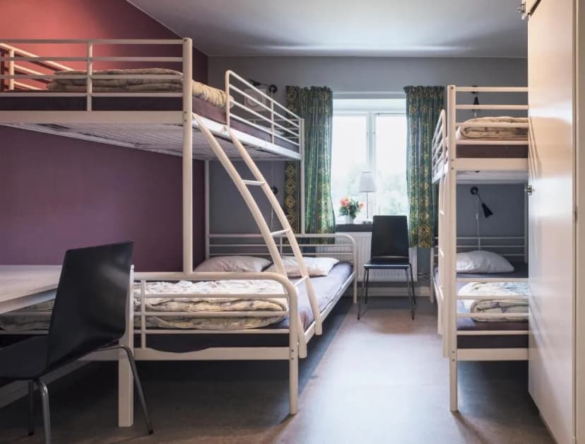 Bunk beds and single beds in a hostel room with purple accent wall and window view, Partille Vandrarhem.