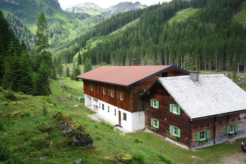 Wooden alpine huts nestled on a grassy slope below dense pine forests and mountains.