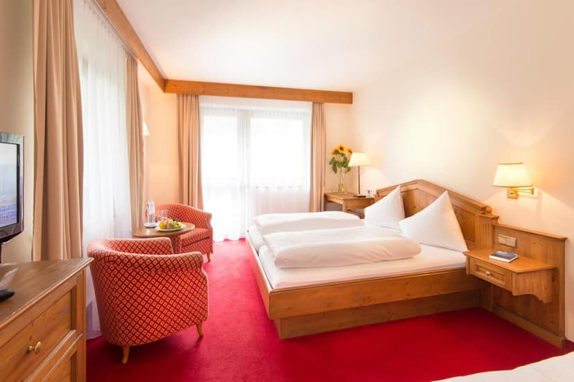 Hotel room with twin beds, red carpet, wooden furniture, and bright window light.