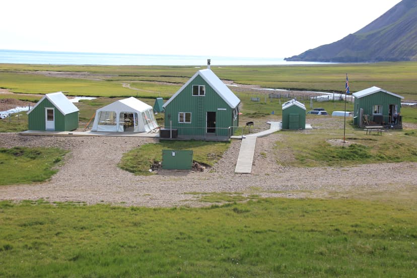Green huts and a white tent at Breiðavík by the sea with a large grassy field and mountain.