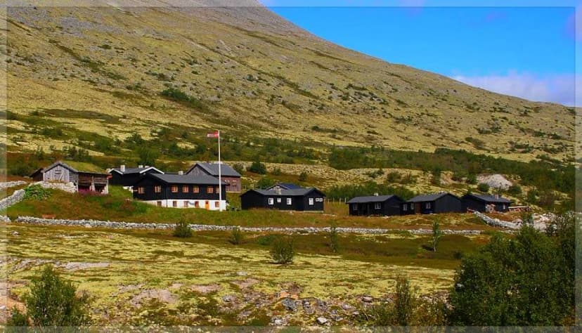 Dørålseter mountain cabins with flag under a large, grassy slope under blue sky.