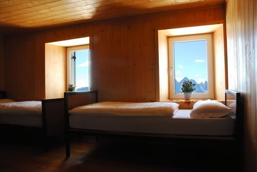 Twin beds in wood-paneled room with mountain view through windows