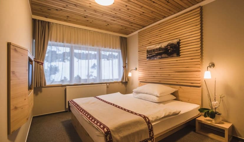 Hotel bedroom with wood paneling, white bedding, and view of snowy outdoors through sheer curtains.