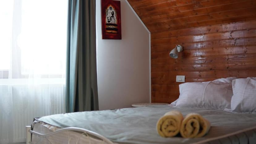 Bedroom in Cabana Trei Brazi with wood paneling, white linens, and bright window.
