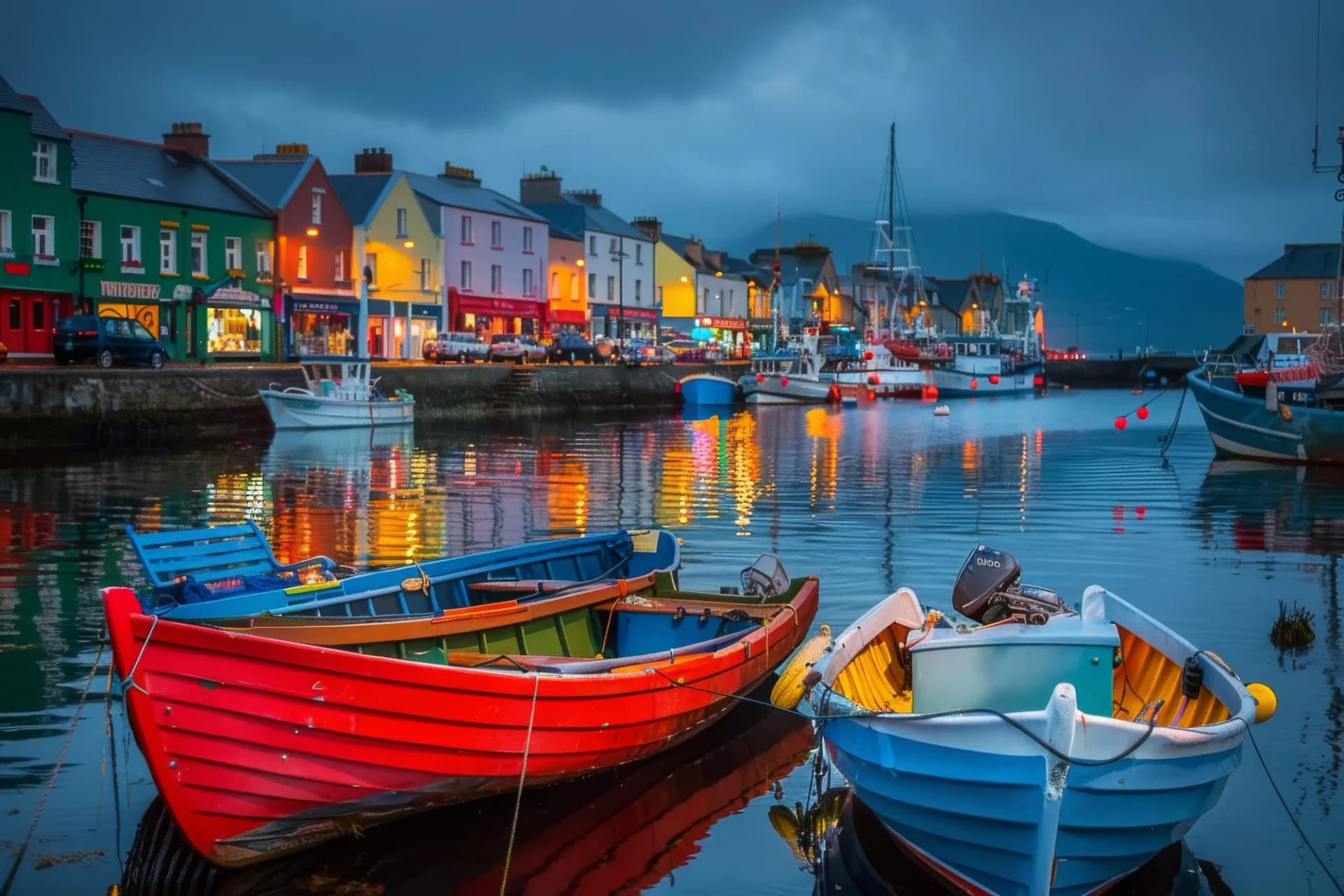 Colorful boats moored in harbor with illuminated town buildings reflecting on water at dusk