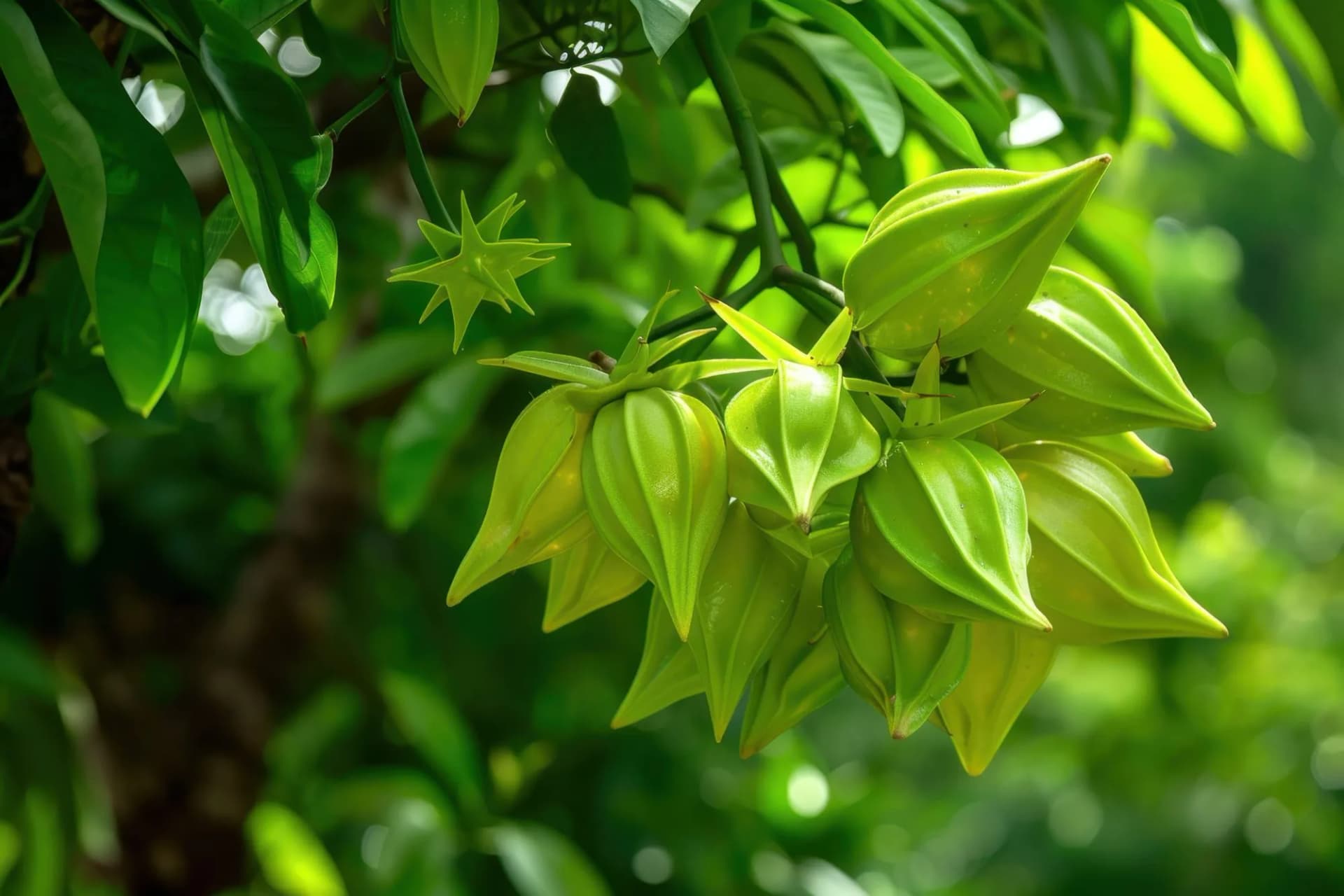 Starfruit tree bearing green ripe fruits in Wolhusen