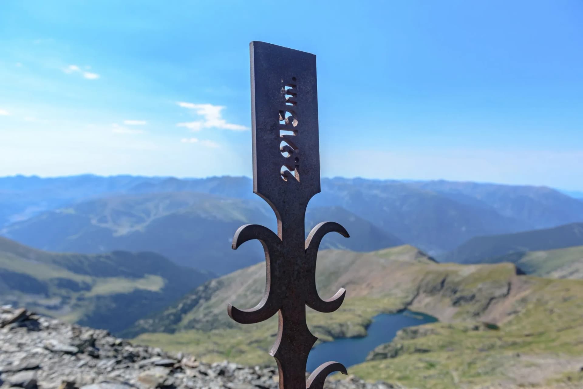 Views of the Vall de Riu lake from the Estanyo peak in Andorra in summer 2020.