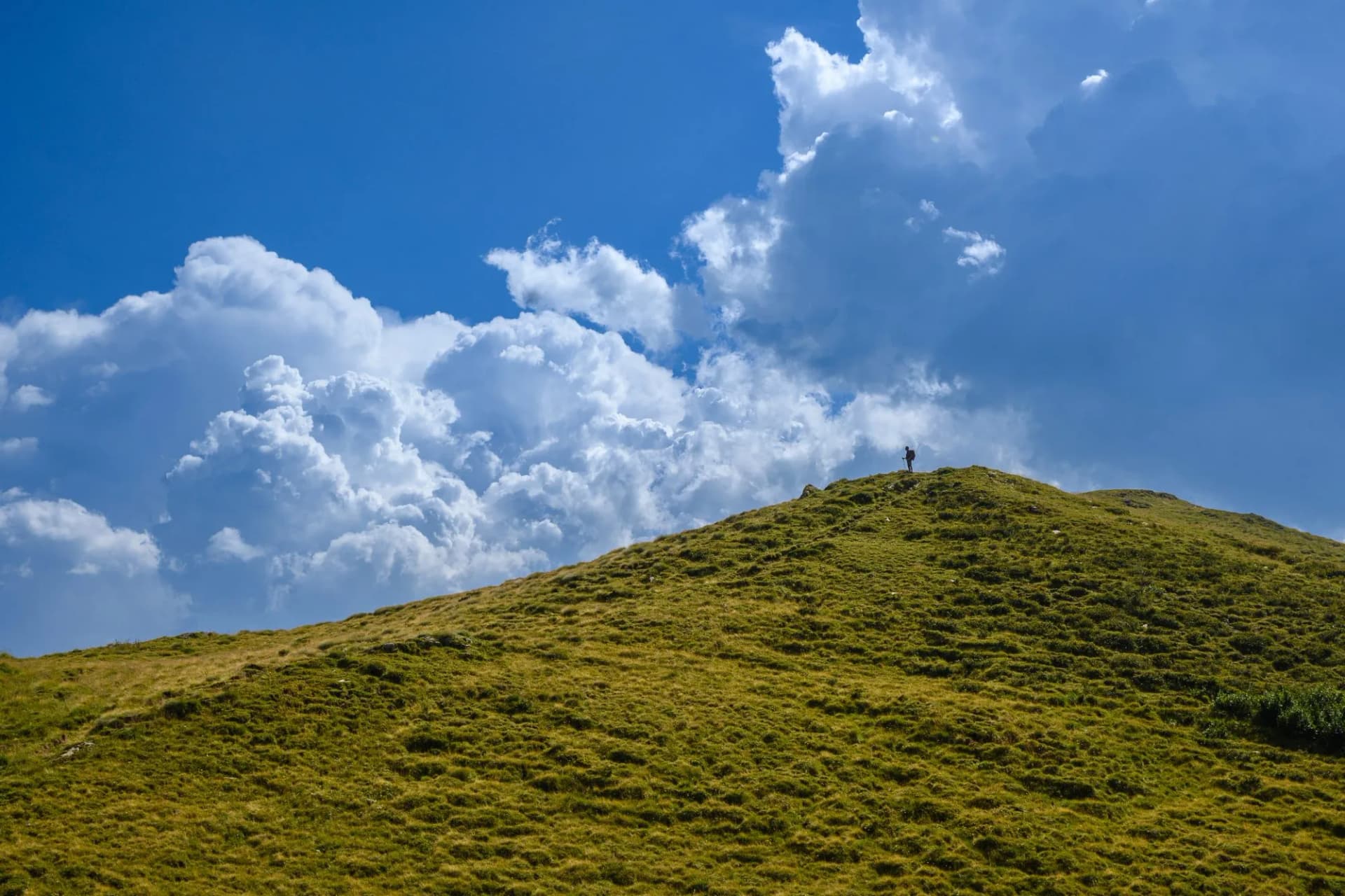 Hiker on grassy mountain summit under dramatic blue sky with white clouds near Veneggia Pass.