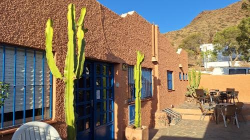 Albergue Convento de San José building exterior with tall cacti and outdoor seating area.