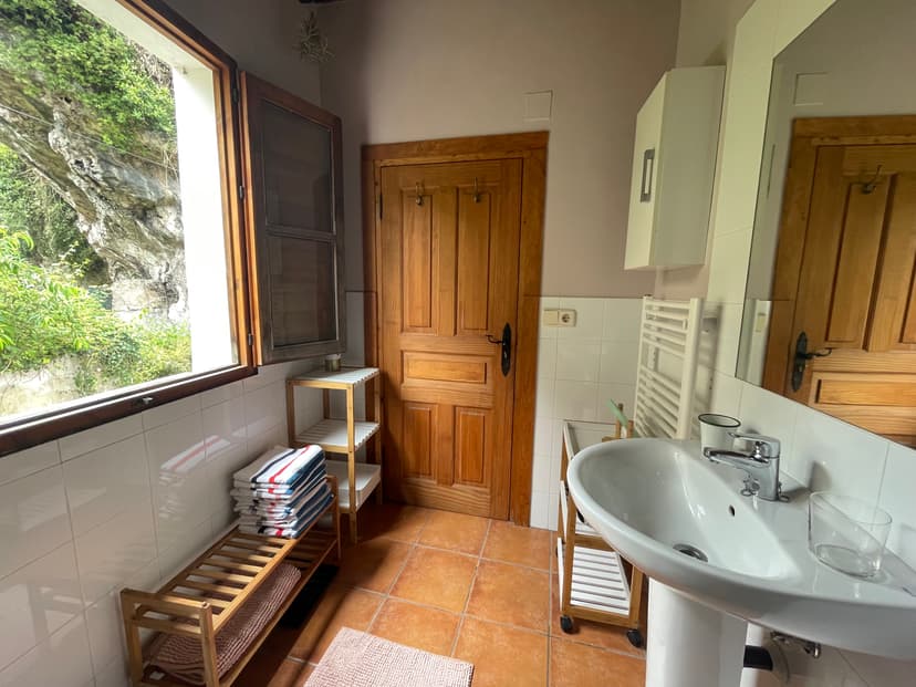 Bathroom interior with pedestal sink, wooden door, and window view of lush green cliffside.