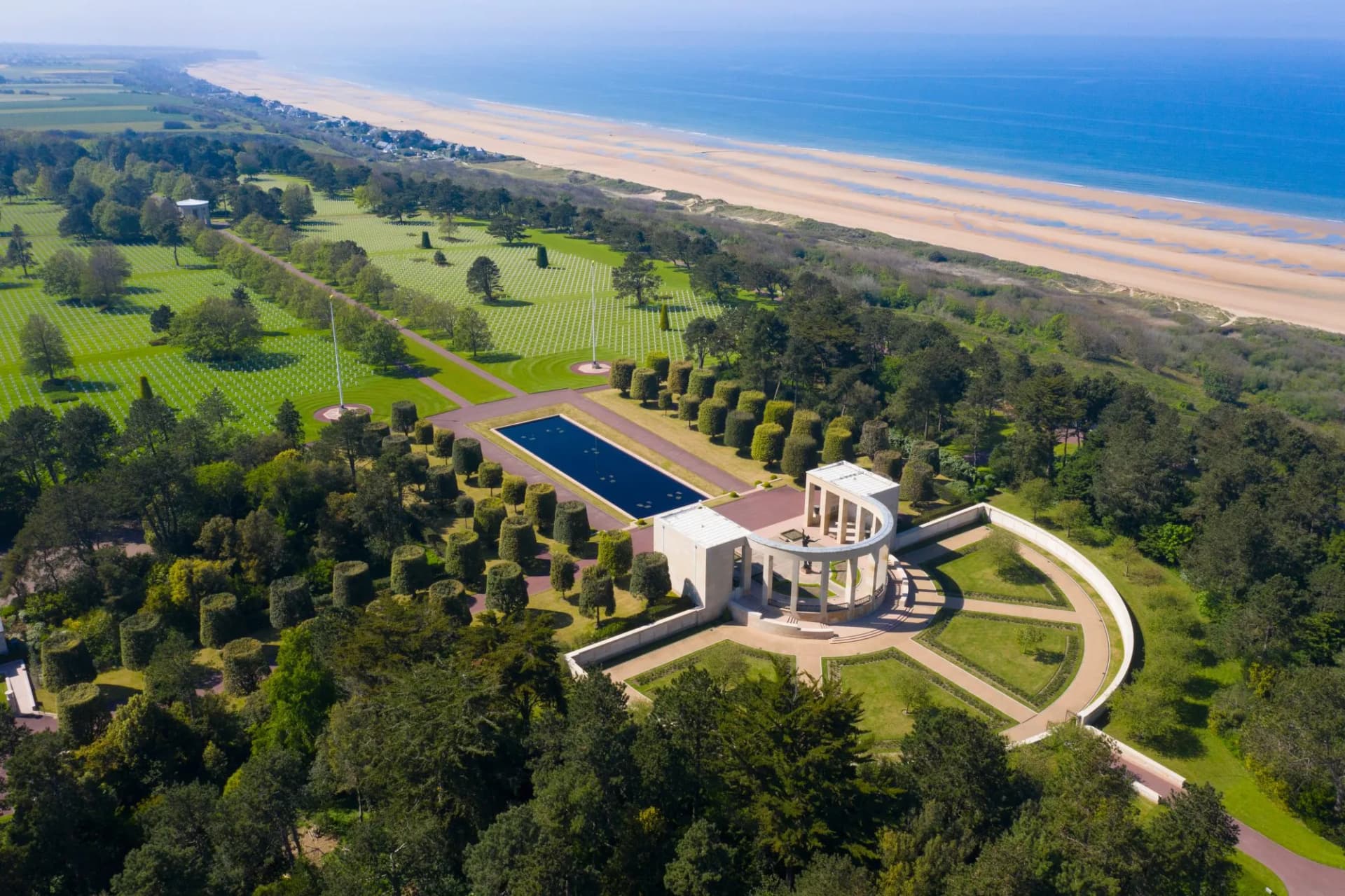 France, Calvados department, Colleville sur Mer, Aerial view of American War Cemetery at Omaha Beach, Normandy