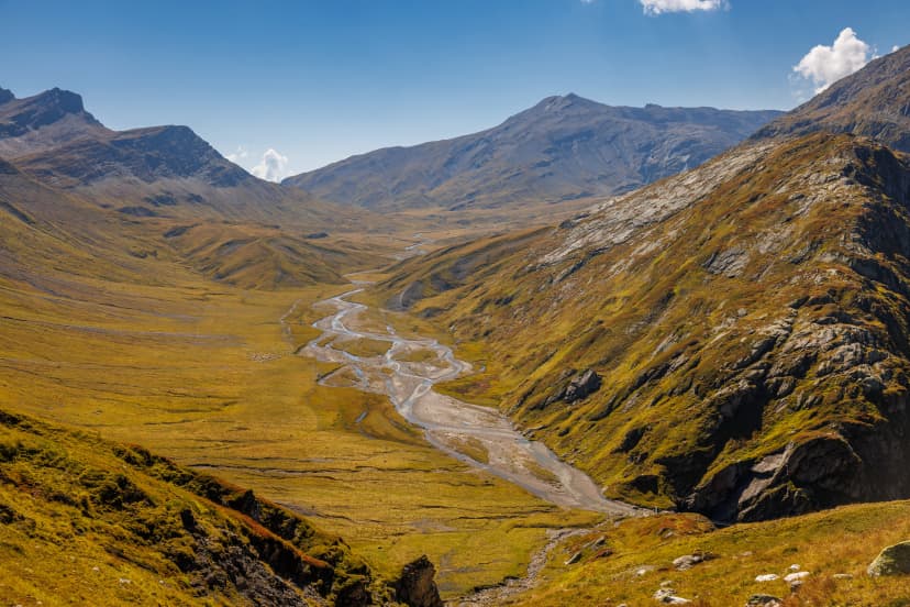alpine valley of Greina Plateau in Surselva, Switzerland