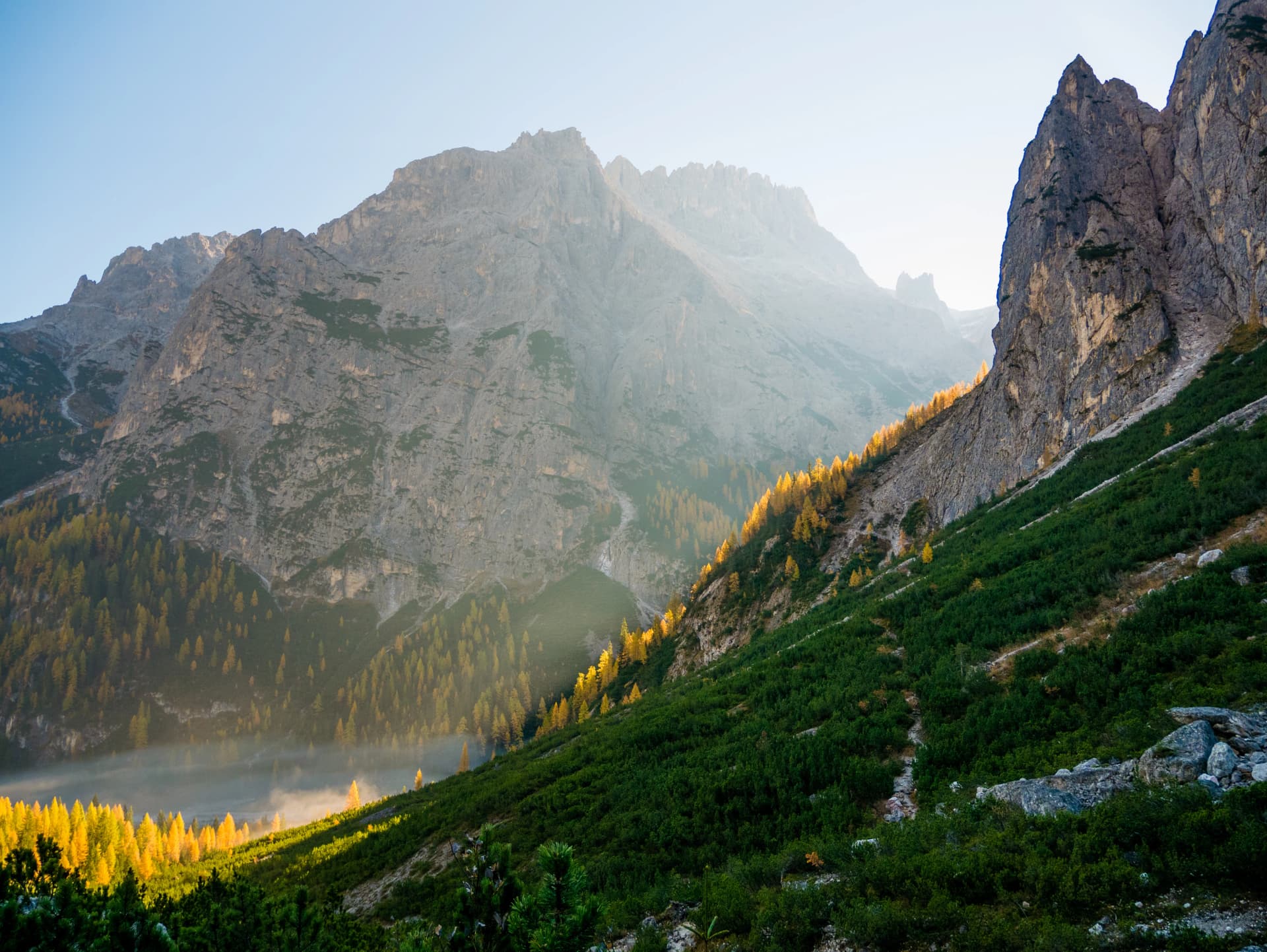 Sunrise in Dolomites mountains in autumn