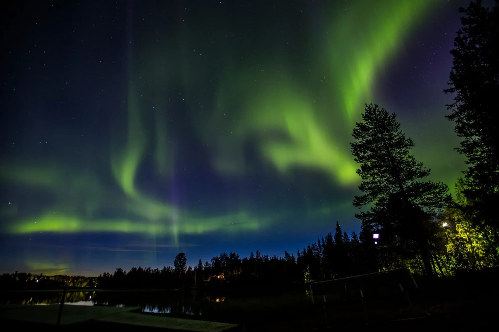Green aurora borealis over dark lake and silhouette of pine forest in Kiruna at night.