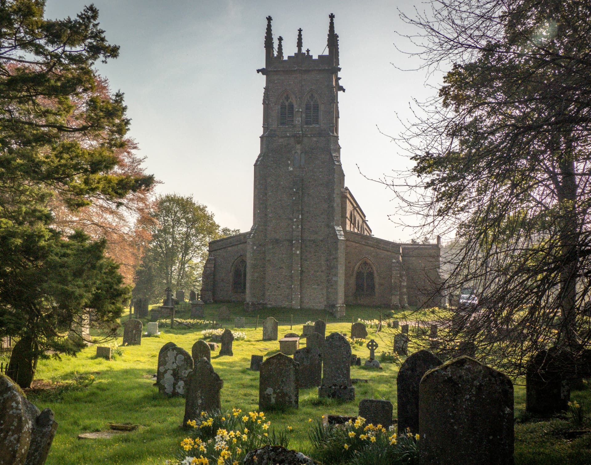 Stone church tower overlooking Aysgarth graveyard with mossy headstones and spring daffodils.