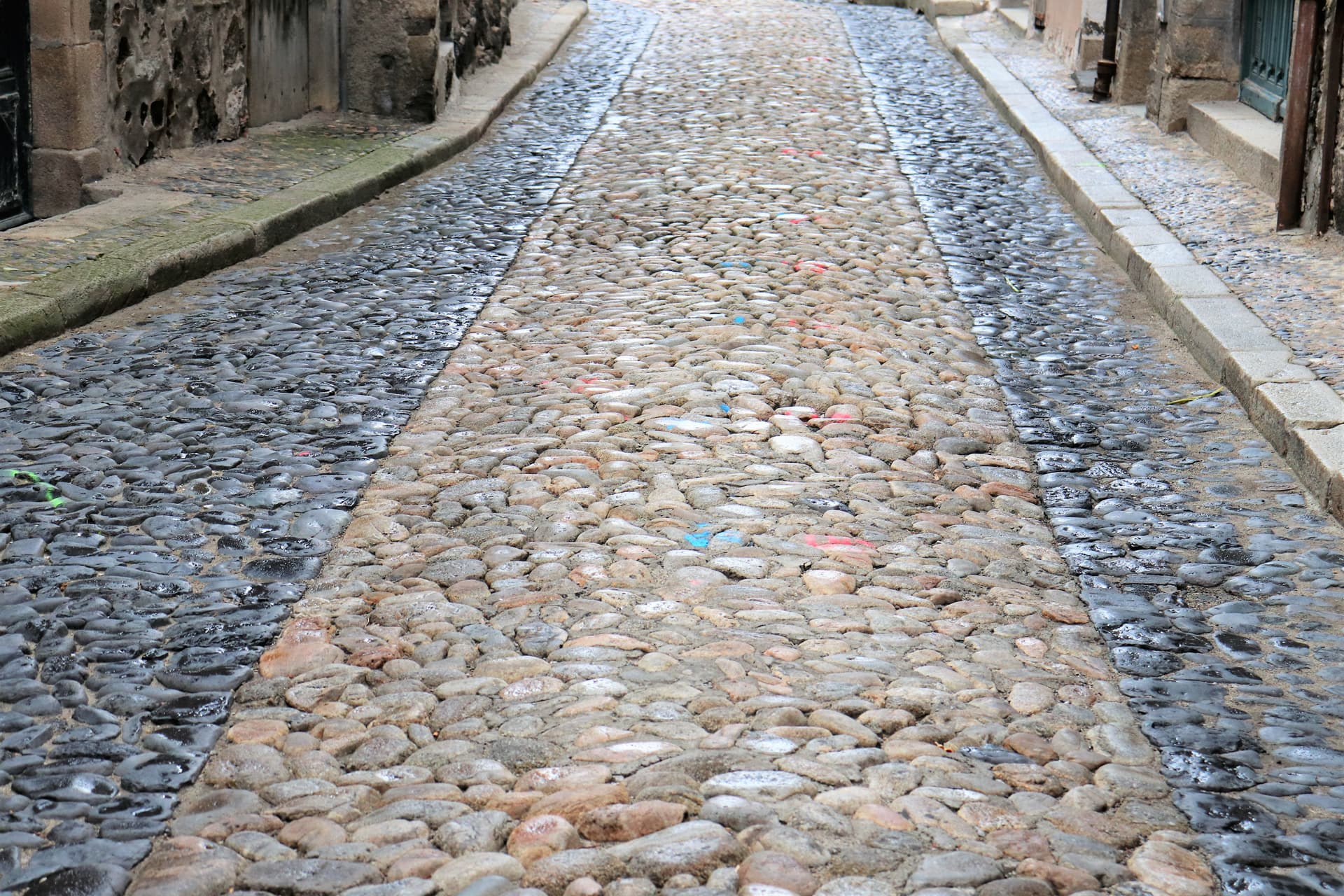 Cobbled street with a central path of lighter, dry stones flanked by darker, wet stones in a historic town.