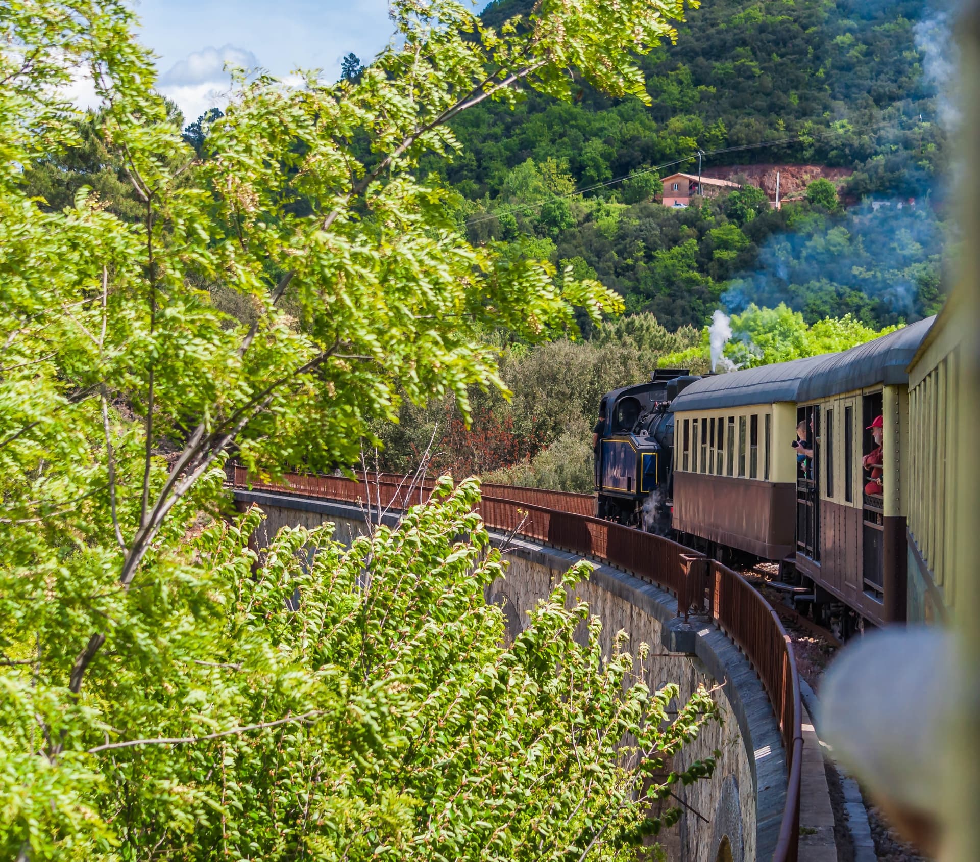 Steam train crossing a viaduct through lush green mountains near Saint-Jean-du-Gard.